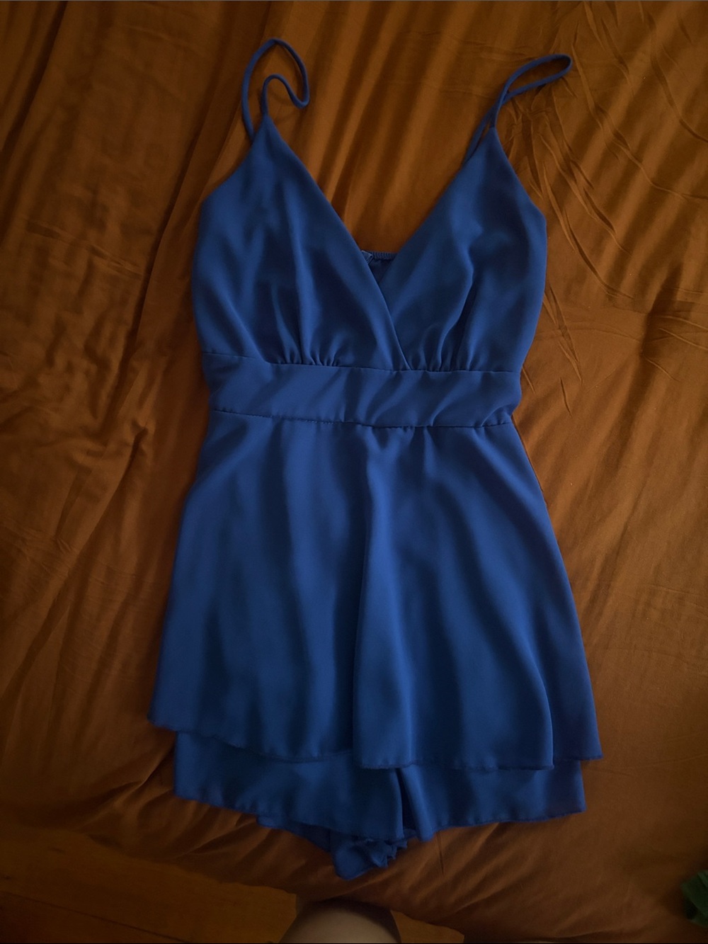 Blue V-Neck Romper with Spaghetti Straps